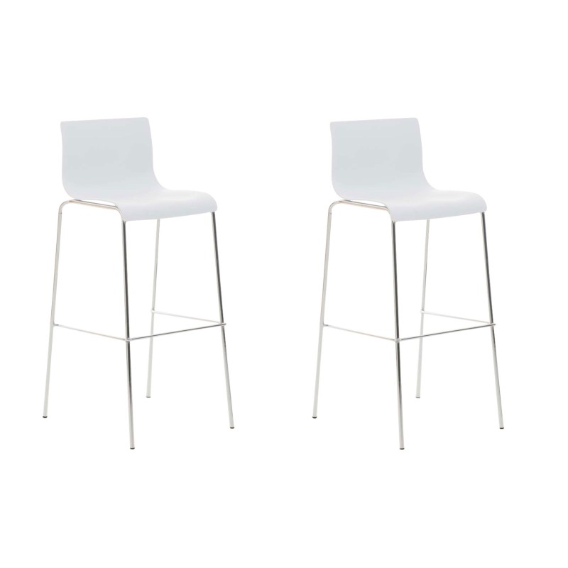 Juego de 2 taburetes de bar de plástico Hoover con estructura cromada y blanca con 4 patas