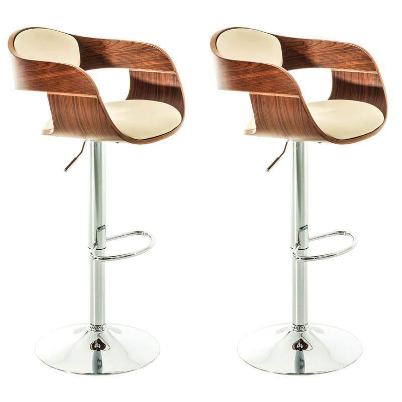 Juego de 2 taburetes de bar Kingston C en piel sintética color nogal/crema