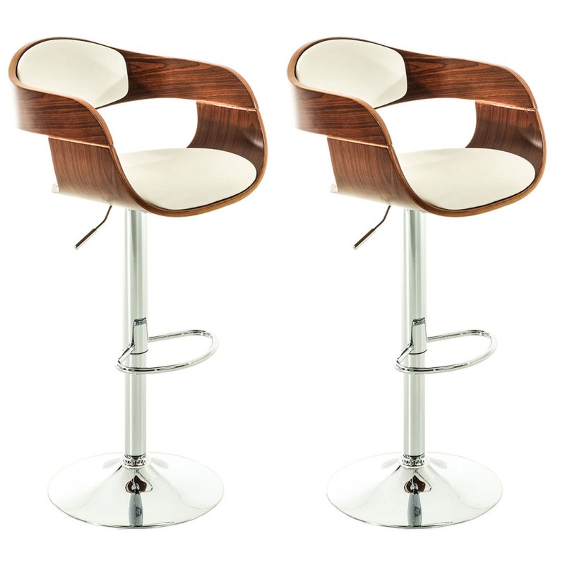 Juego de 2 taburetes de bar Kingston C en nogal/piel sintética blanca