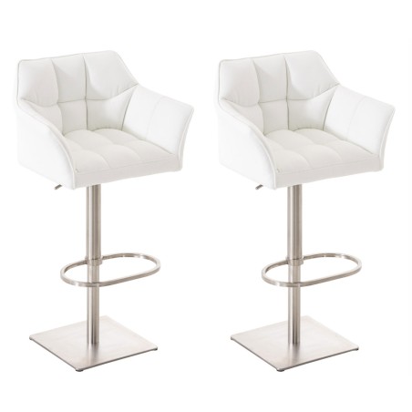 Juego de 2 taburetes de bar Damaso en piel sintética blanca y acero inoxidable