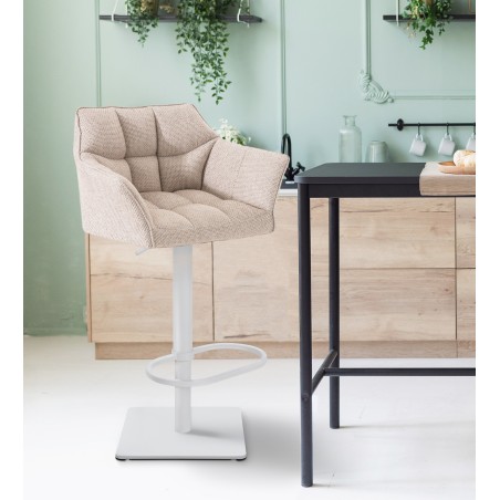 Juego de 2 taburetes de bar en tejido Damaso blanco marfil