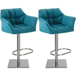 Juego de 2 taburetes de bar de tela Damaso y acero inoxidable turquesa