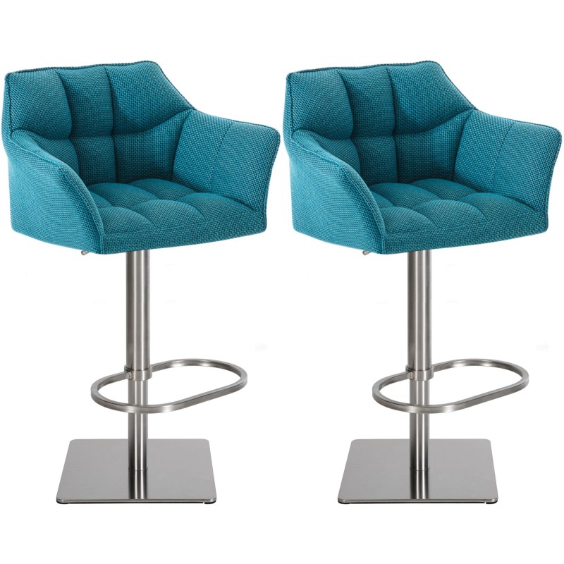 Juego de 2 taburetes de bar de tela Damaso y acero inoxidable turquesa