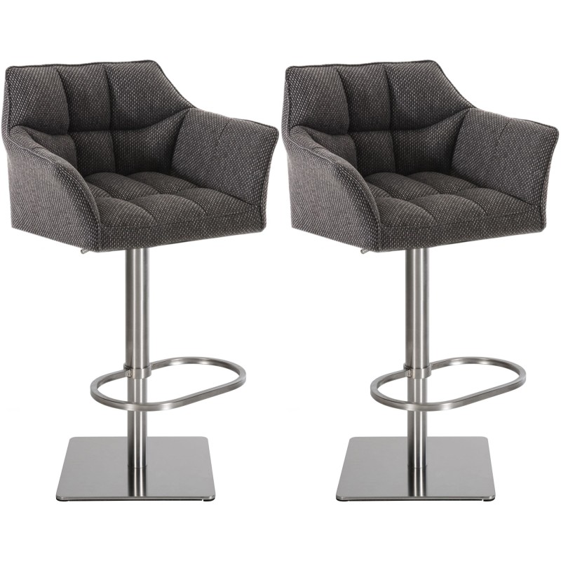Juego de 2 taburetes de bar de tela Damaso, acero inoxidable gris titanio