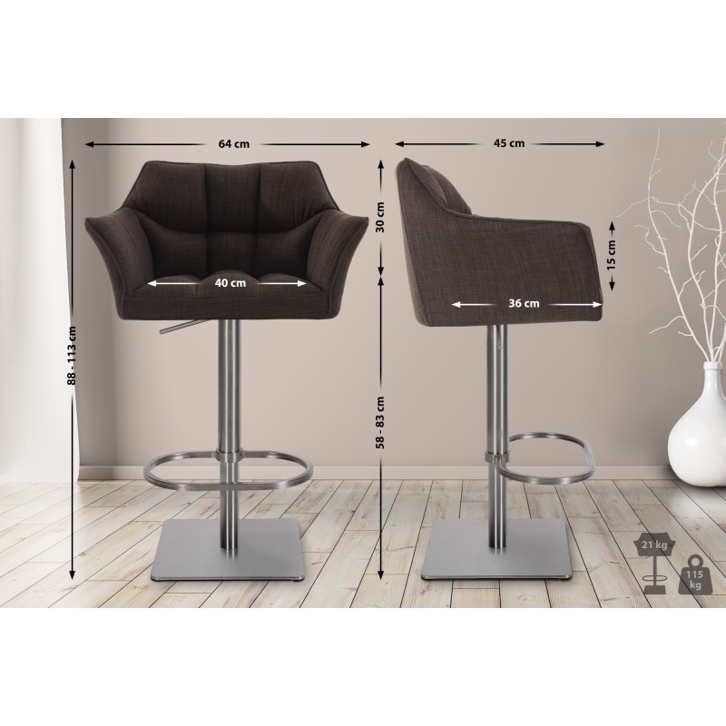 Juego de 2 taburetes de bar de tela Damaso y acero inoxidable marrón