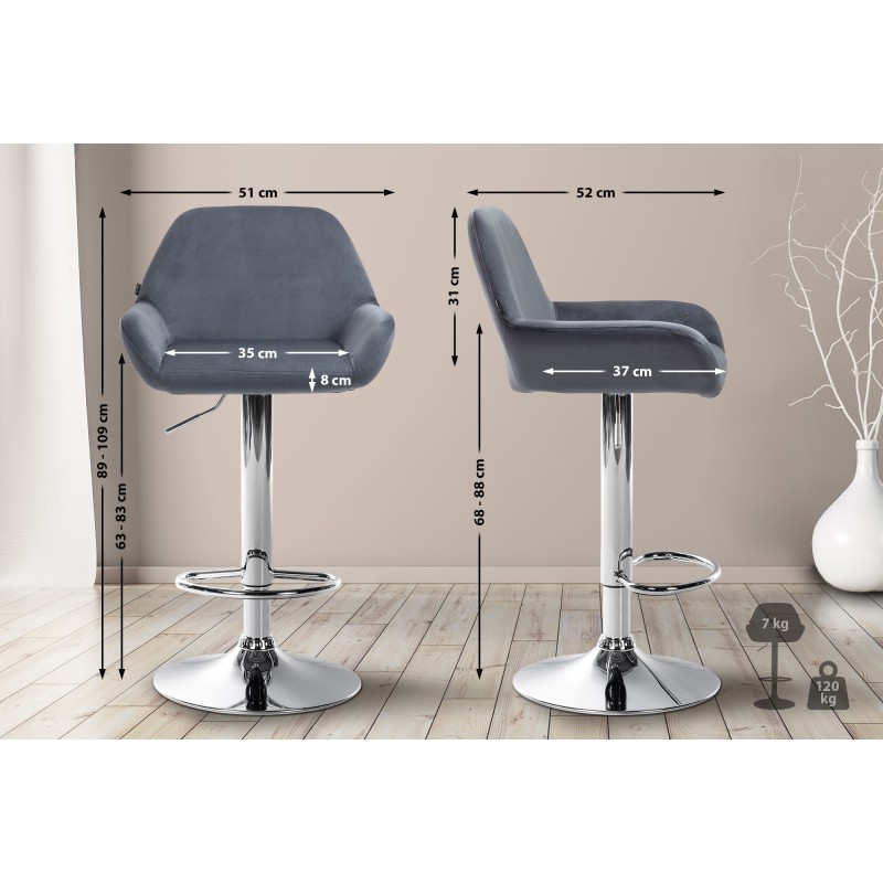 Taburete de bar Braga en terciopelo gris oscuro cromado