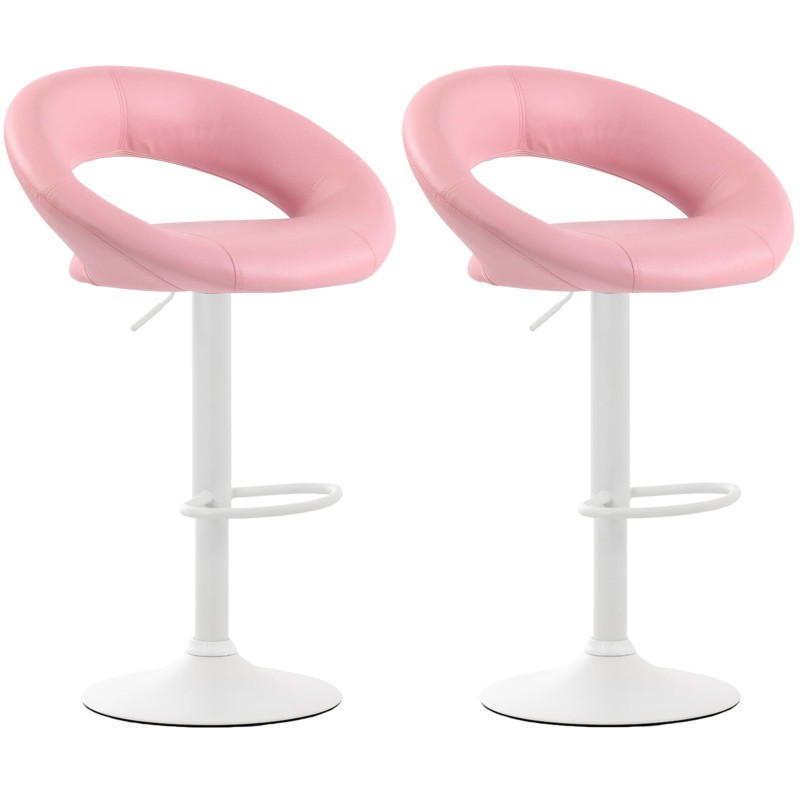Juego de 2 taburetes de bar Olinda, piel sintética, blanco/rosa