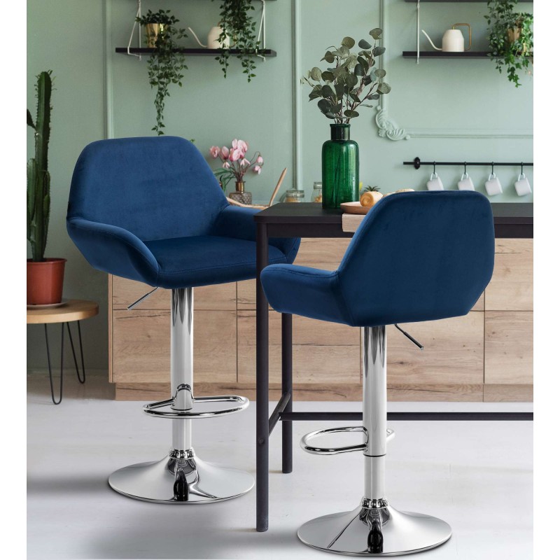 Taburete de bar Braga en terciopelo azul cromado