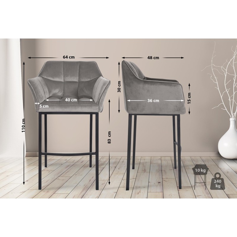 Taburete de bar Damaso B de terciopelo con estructura de 4 patas en color gris