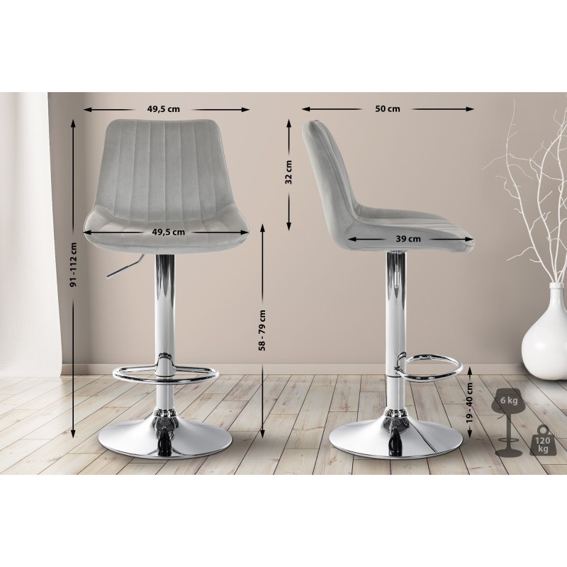 Taburete de bar Toni en terciopelo gris y cromo