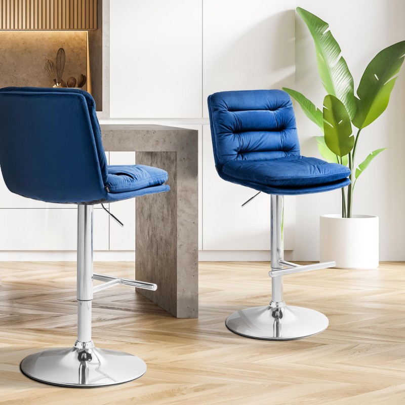 Taburete de bar de terciopelo cromado azul Damar