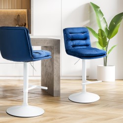 Taburete de bar Damar de terciopelo blanco y azul
