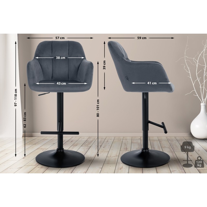 Taburete de bar Natoma en terciopelo negro y gris oscuro