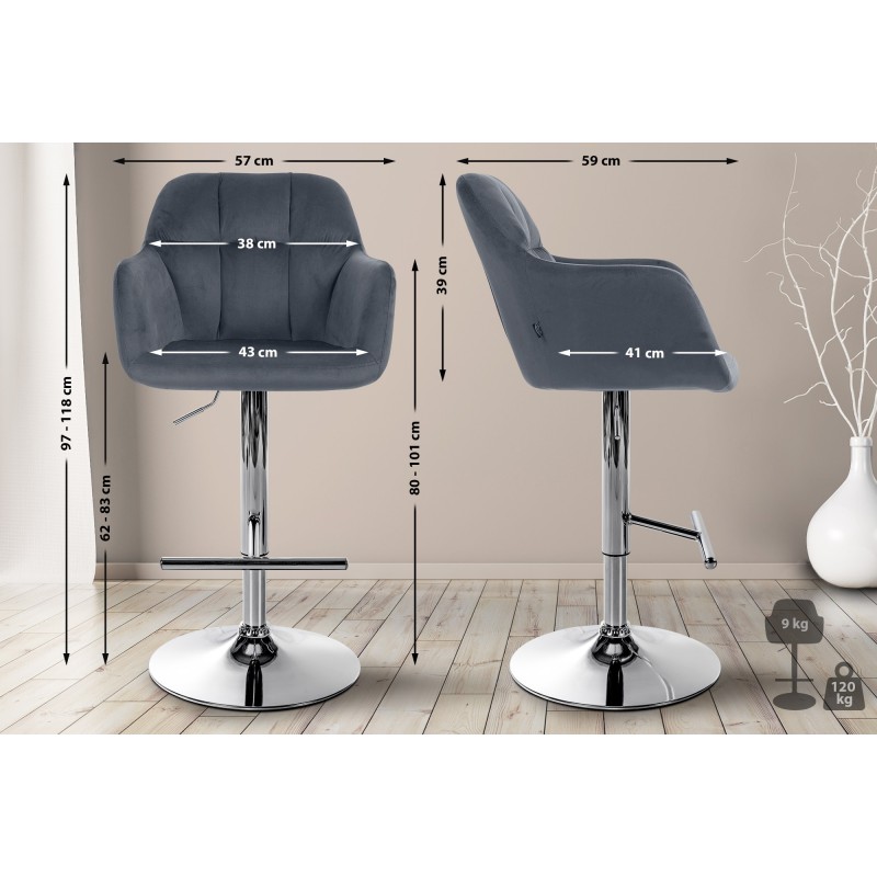 Taburete de bar Natoma en terciopelo gris oscuro cromado