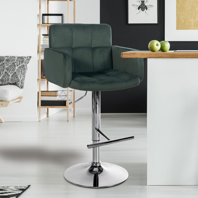 Taburete de bar Los Ángeles de terciopelo cromado verde oscuro