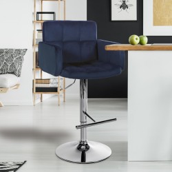 Taburete de bar cromado de terciopelo azul Los Ángeles