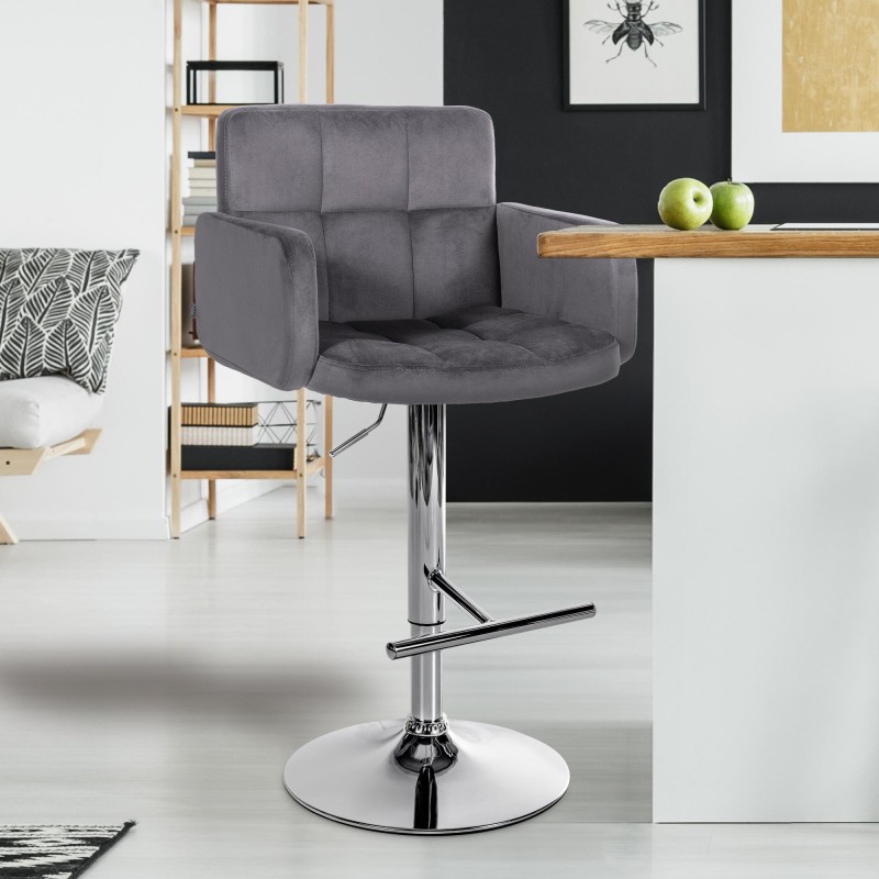 Taburete de bar Los Ángeles, terciopelo gris oscuro cromado