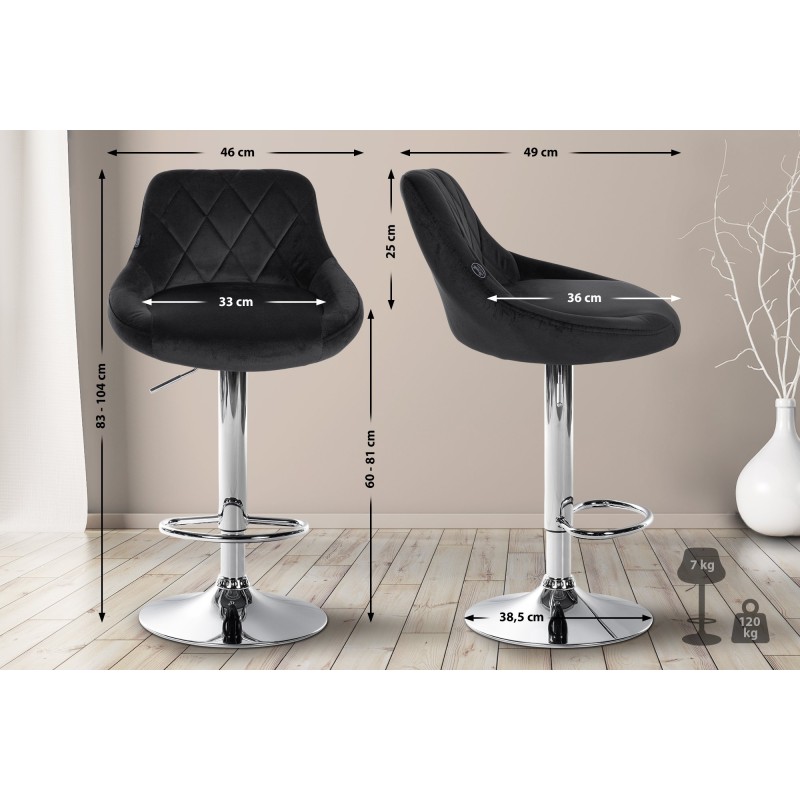 Juego de 2 taburetes de bar Lazio, terciopelo, cromo-negro