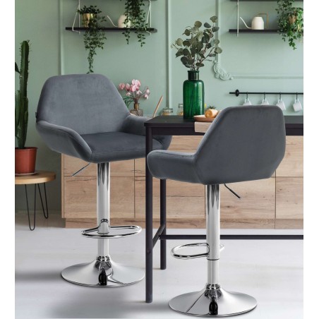 Juego de 2 taburetes de bar Braga en terciopelo gris oscuro cromado