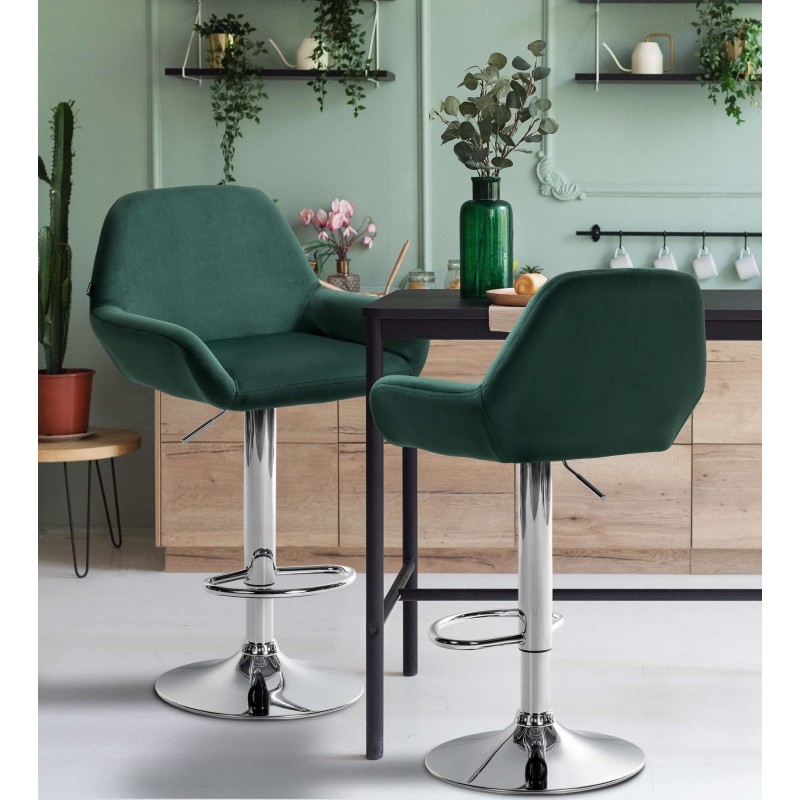 Juego de 2 taburetes de bar Braga en terciopelo verde oscuro cromado