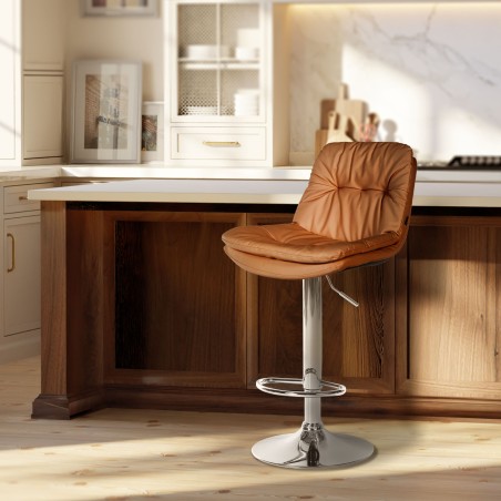 Taburete de bar Laurel, piel sintética, cromado, marrón claro