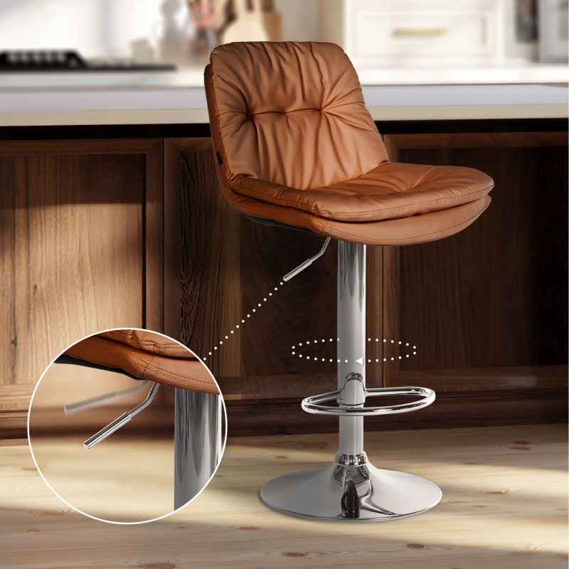 Taburete de bar Laurel, piel sintética, cromado, marrón claro