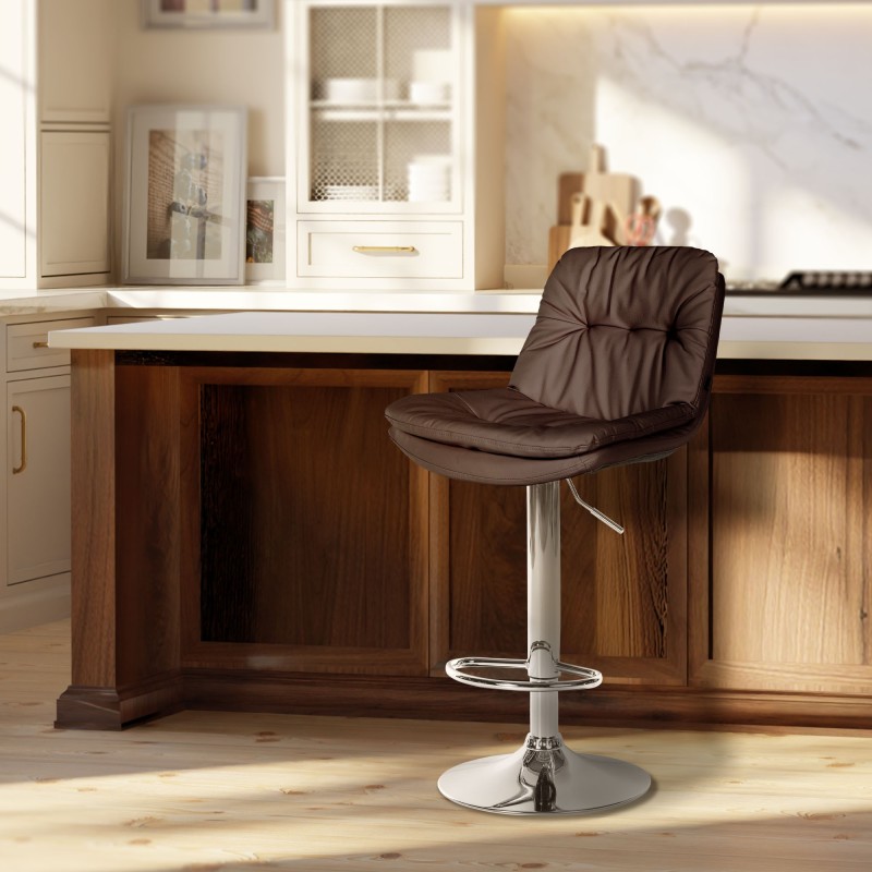 Taburete de bar Laurel en piel sintética marrón cromada