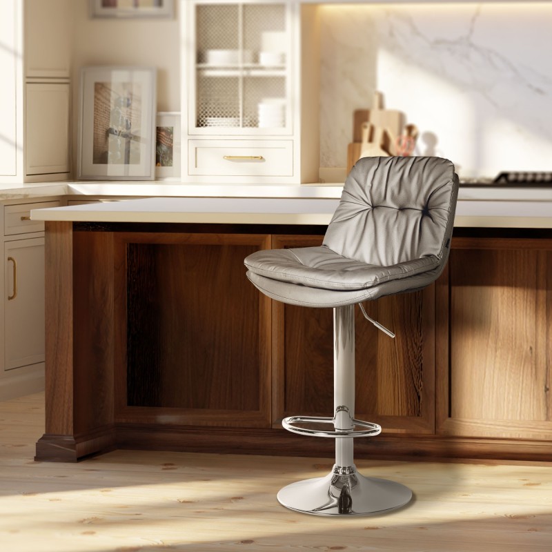 Taburete de bar Laurel, piel sintética, gris cromo