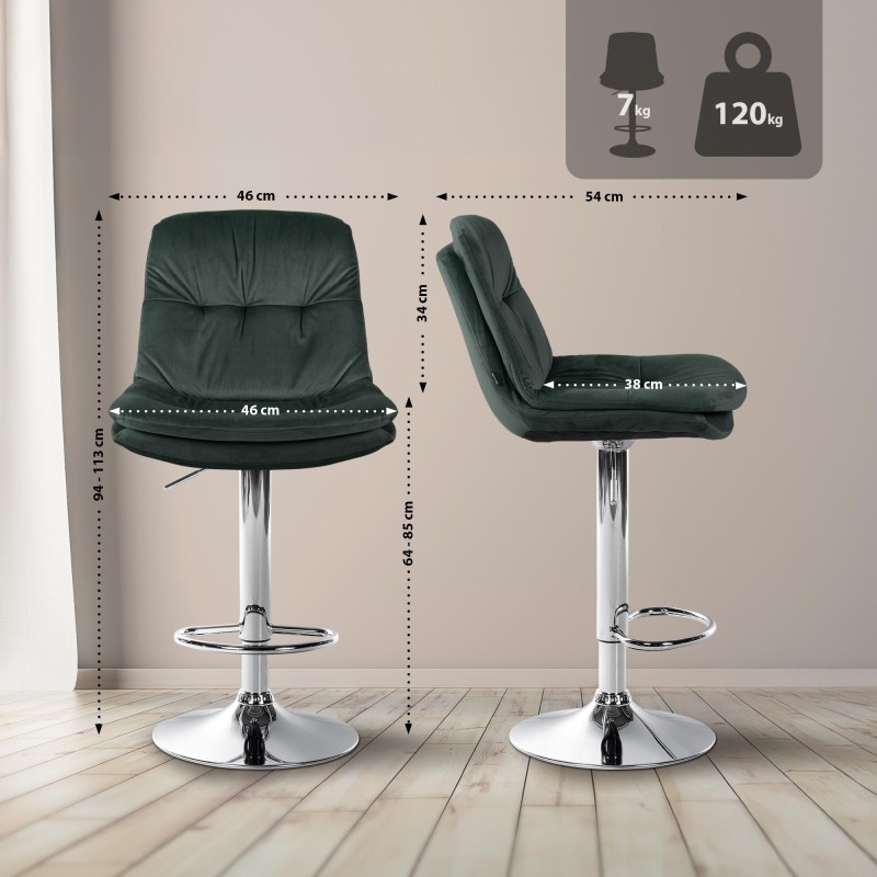 Taburete de bar Laurel en terciopelo cromado verde oscuro