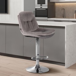 Taburete de bar Laurel en terciopelo gris y cromo