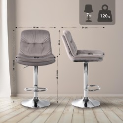 Taburete de bar Laurel en terciopelo gris y cromo