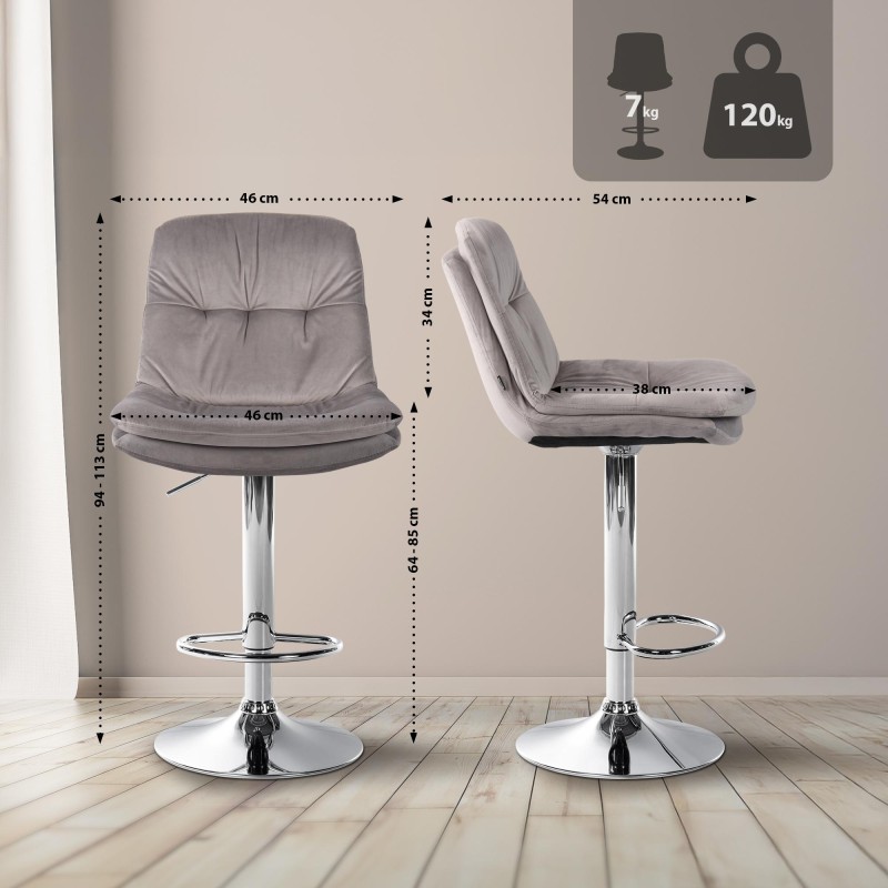 Taburete de bar Laurel en terciopelo gris y cromo