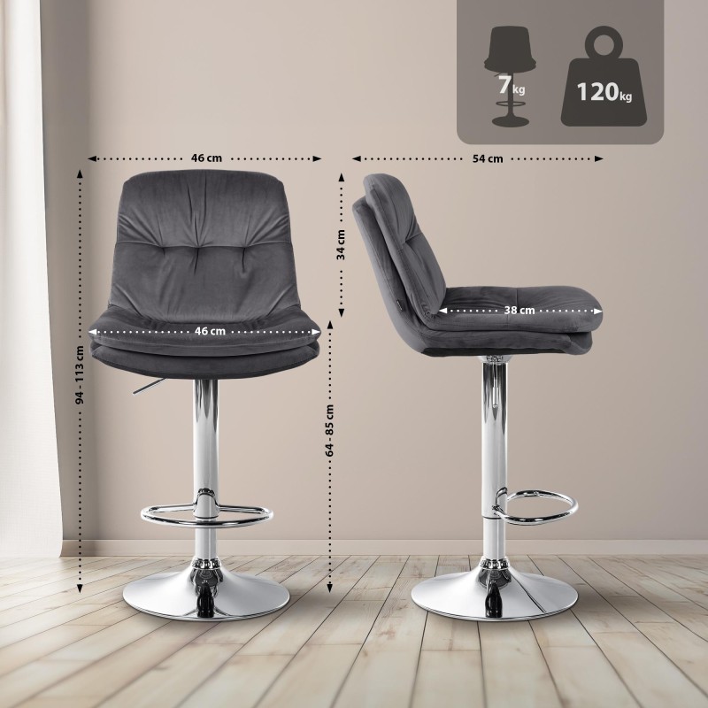 Taburete de bar Laurel en terciopelo cromado gris oscuro