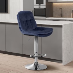 Taburete de bar cromado de terciopelo azul laurel