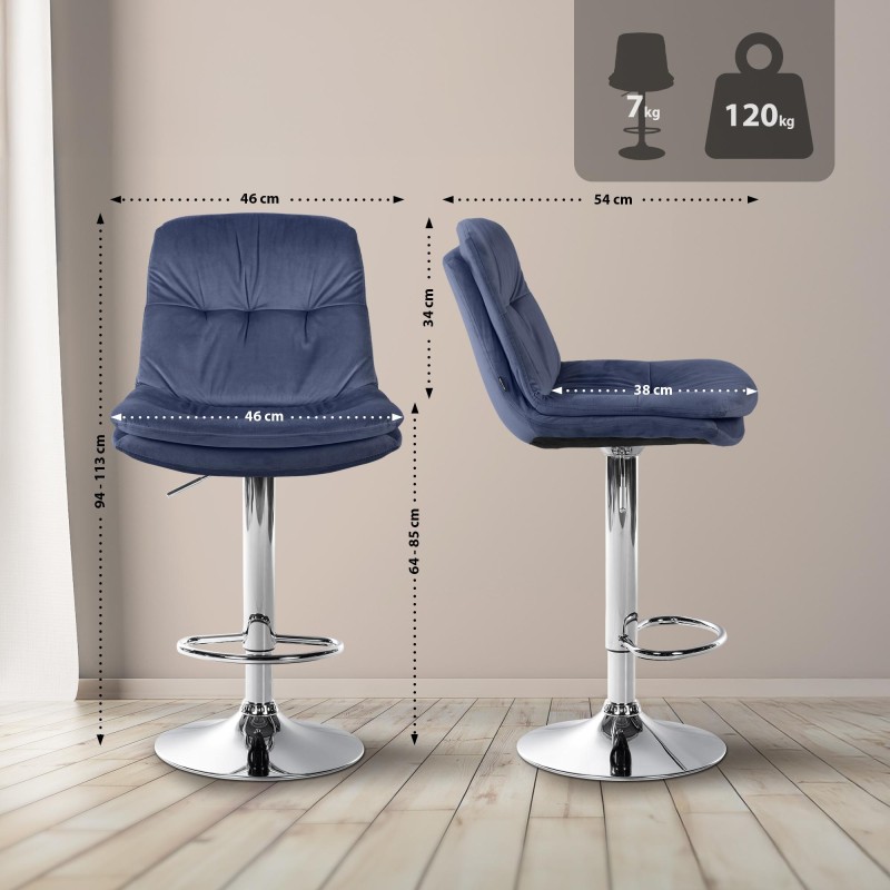 Taburete de bar cromado de terciopelo azul laurel