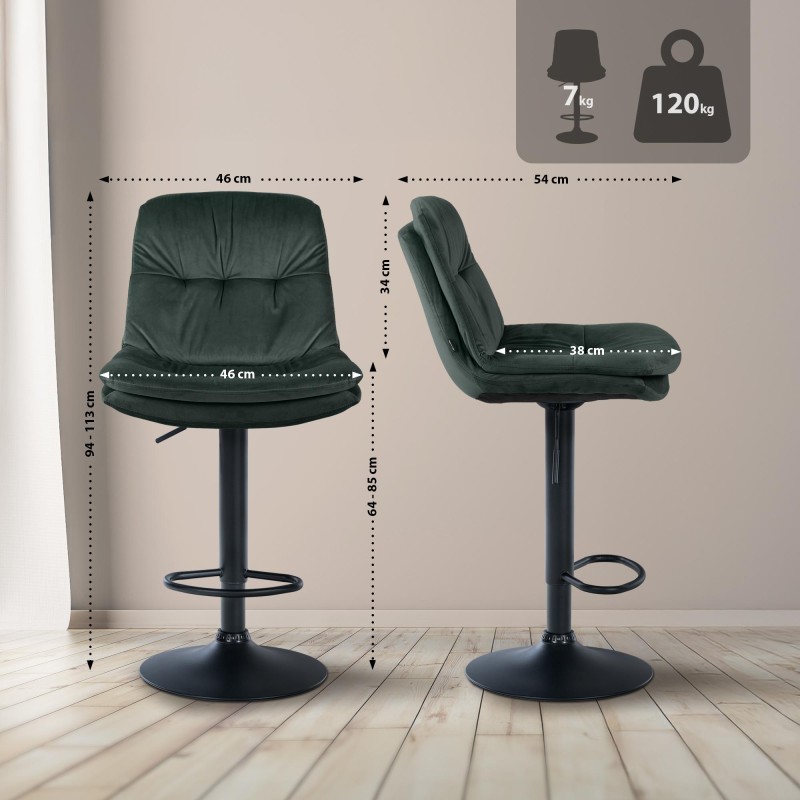 Taburete de bar Laurel en terciopelo negro y verde oscuro
