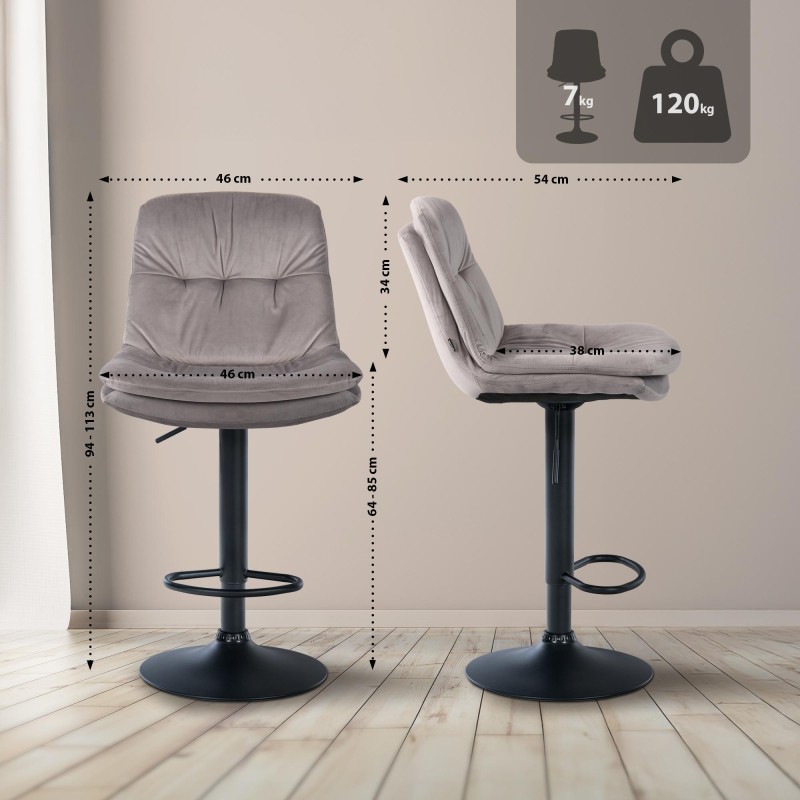 Taburete de bar Laurel en terciopelo negro y gris