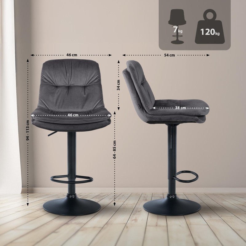 Taburete de bar Laurel en terciopelo negro y gris oscuro