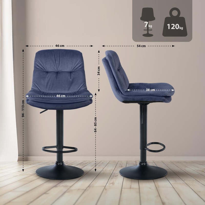 Taburete de bar Laurel en terciopelo negro y azul
