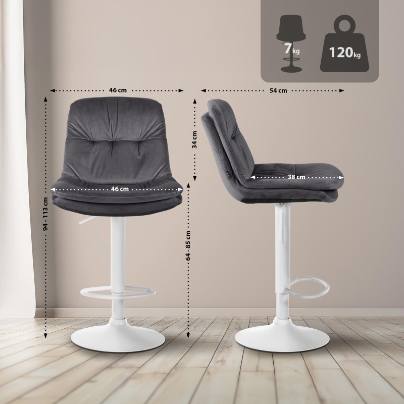 Taburete de bar Laurel en terciopelo blanco y gris oscuro