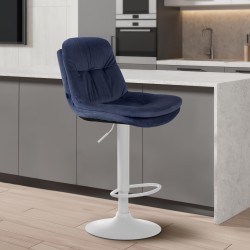 Taburete de bar Laurel en terciopelo blanco y azul