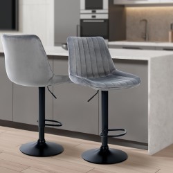 Juego de 2 taburetes de bar Toni en terciopelo negro y gris oscuro