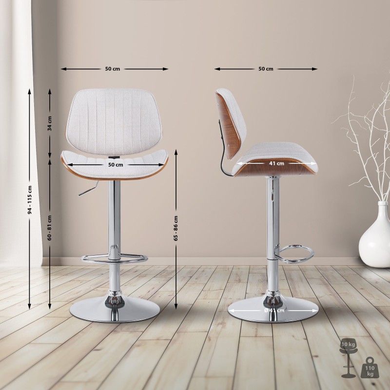 Juego de 2 taburetes de bar Clawson en tela cromada, color nogal/crema