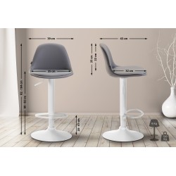 Taburete de bar Kiel totalmente tapizado en piel sintética blanca y gris.