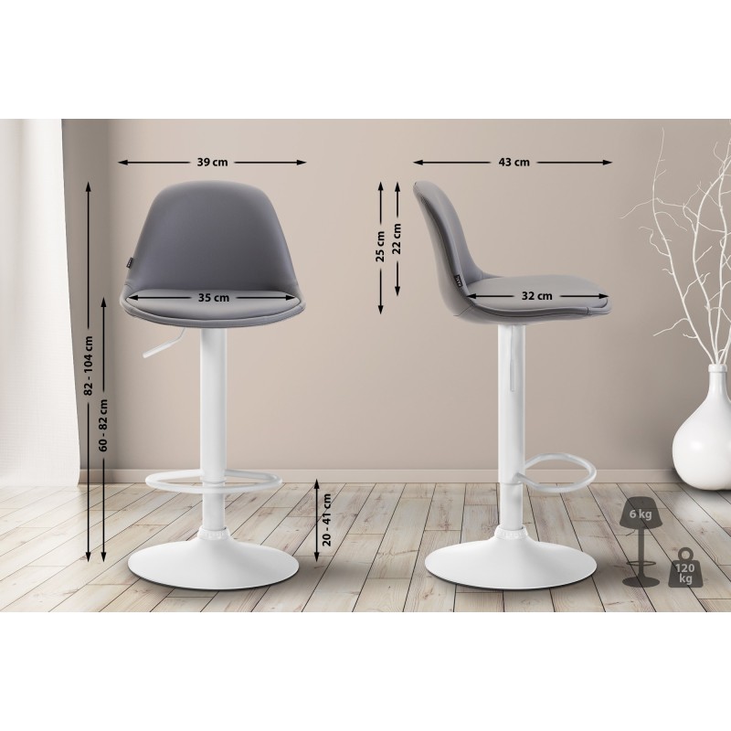 Taburete de bar Kiel totalmente tapizado en piel sintética blanca y gris.