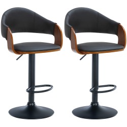 Juego de 2 taburetes de bar Nilse en piel sintética negra, nogal/negro