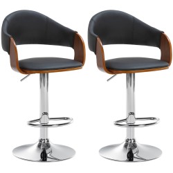Juego de 2 taburetes de bar Nilse, piel sintética, cromo, nogal/negro