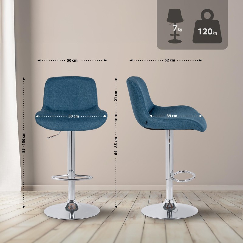 Juego de 2 taburetes de bar Solon cromados con tela azul