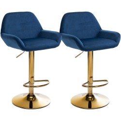 Juego de 2 taburetes de bar Braga de terciopelo azul dorado