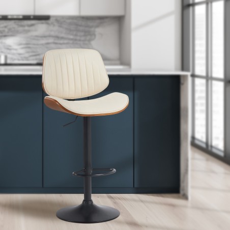 Taburete de bar Clawson, piel sintética, nogal negro/crema